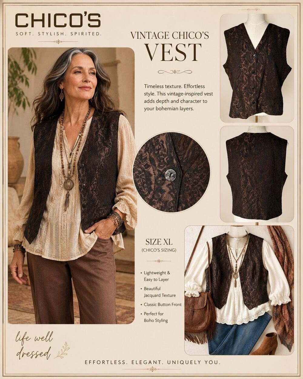 Chico’s Vest Size XL 3 Brown Black Jacquard Boho Artsy Button Front Tapestry